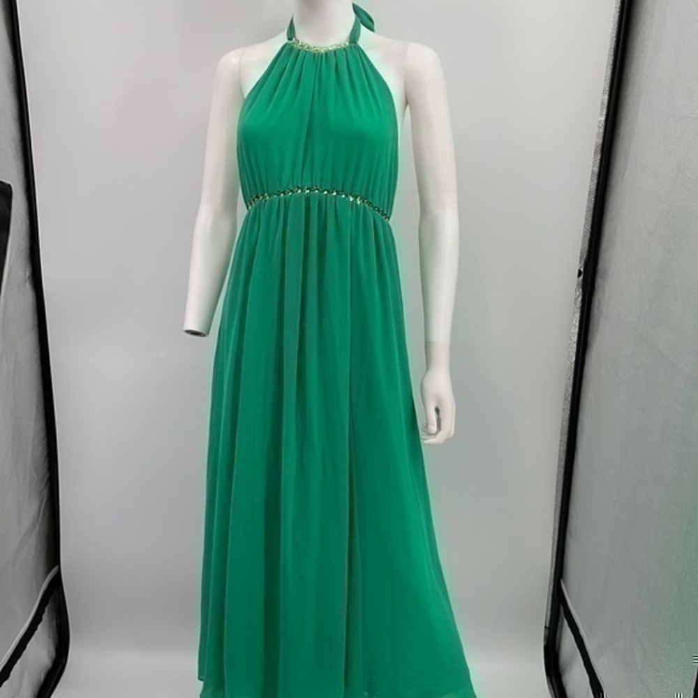 NWT Cactus green chiffon maxi dress/ gown halter top gold detail XS